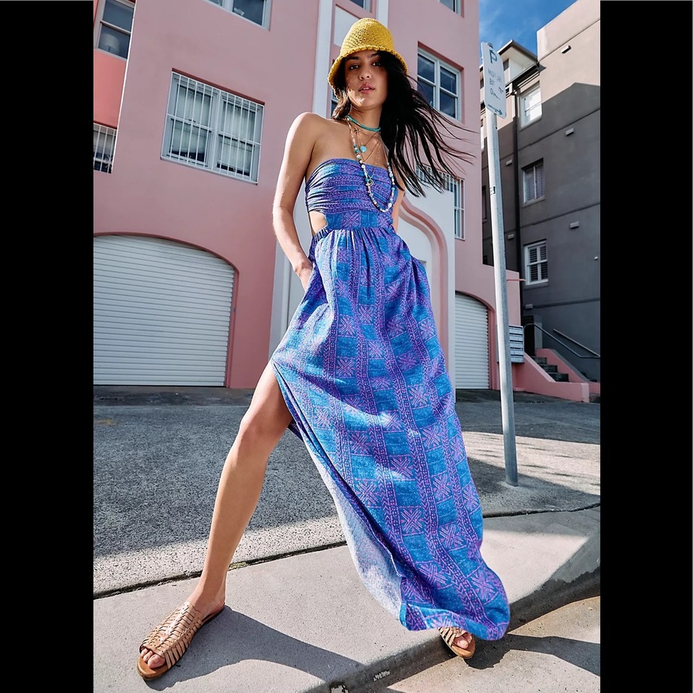 NWT Free People Peyton Blue & Pink Print Strapless Maxi Slit Dress Small - $98